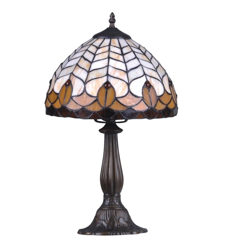 Witrażowa lampa stołowa nocna do sypialni na komodę Sargan brąz beż 37cm wysokości