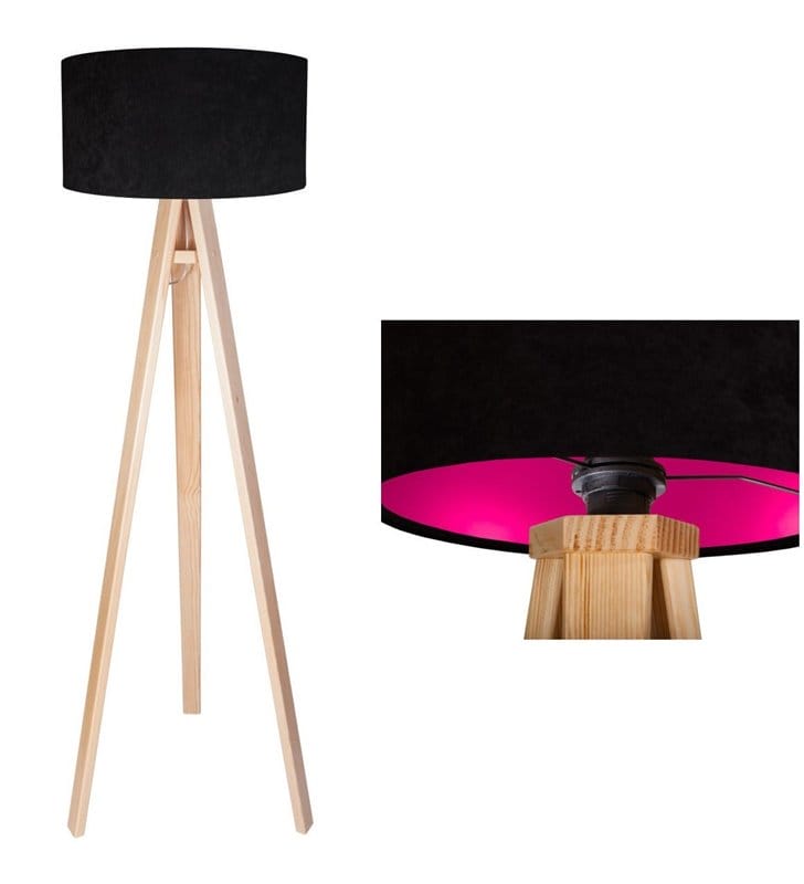 Lampa podłogowa Gloria Różowa abażur czarny z różowym środkiem podstawa drewniana trójnóg