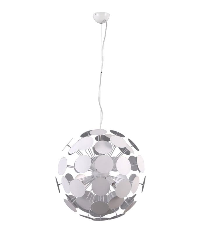 Designerska biało srebrna wisząca lampa w kształcie kuli Mailone klosz z metalowych krążków do salonu sypialni jadalni kuchni