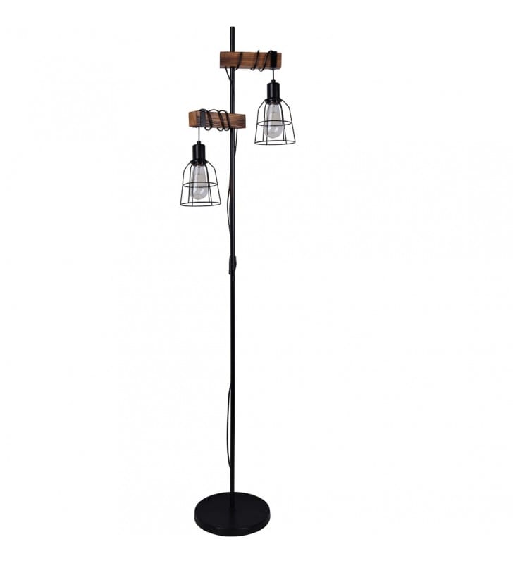 Lampa podłogowa Ponte w stylu retro vintage czarna z elementami drewnianymi 2 druciane klosze