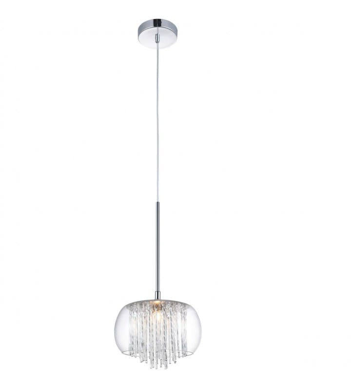 Dekoracyjna pojedyncza lampa wisząca Rego szklany bezbarwny klosz aluminiowe pręciki styl glamour