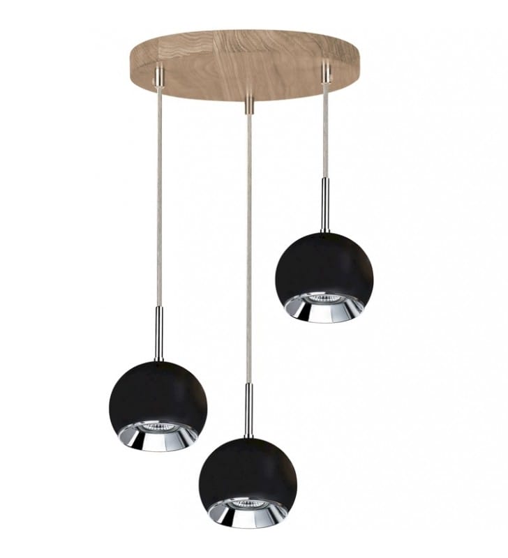 3 zwisowa nowoczesna lampa Ball Wood drewno dębowe czarne klosze