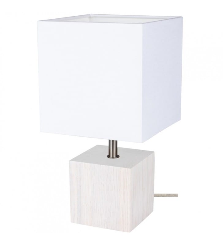 Lampa stołowa Trongo podstawa drewno bielone biały abażur przewód transparentny