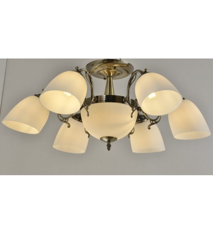 6 ramienna klasyczna lampa sufitowa z amplą Venice mosiądz antyczny szklane białe klosze - OD RĘKI