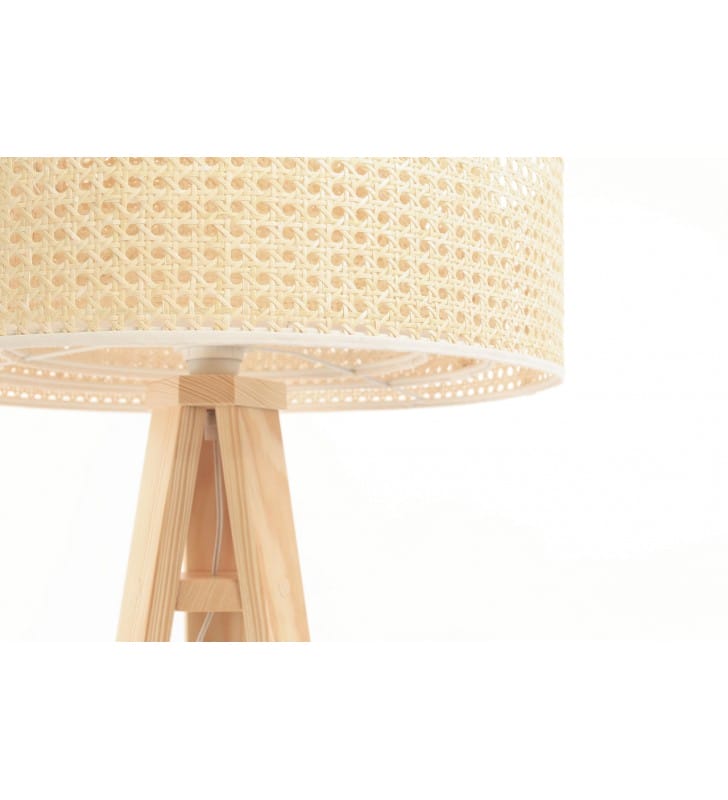 Lampa podłogowa Hiroko w stylu skandynawskim trójnóg drewniany kaskadowy abażur z rattanu