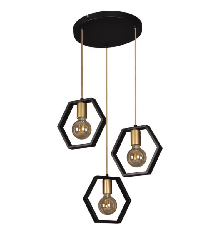 Czarno złota lampa wisząca Honey z 3 regulowanymi zwisami i kloszami w kształcie hexagonów