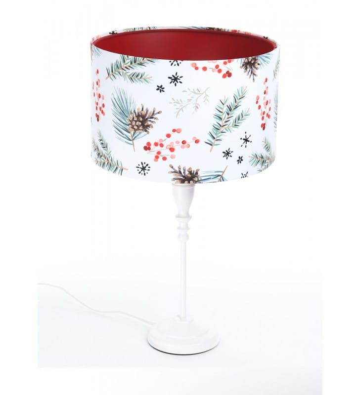 Lampa stołowa Christmas1 abażur welurowy z motywem świątecznym z czerwonym wnętrzem biała podstawa