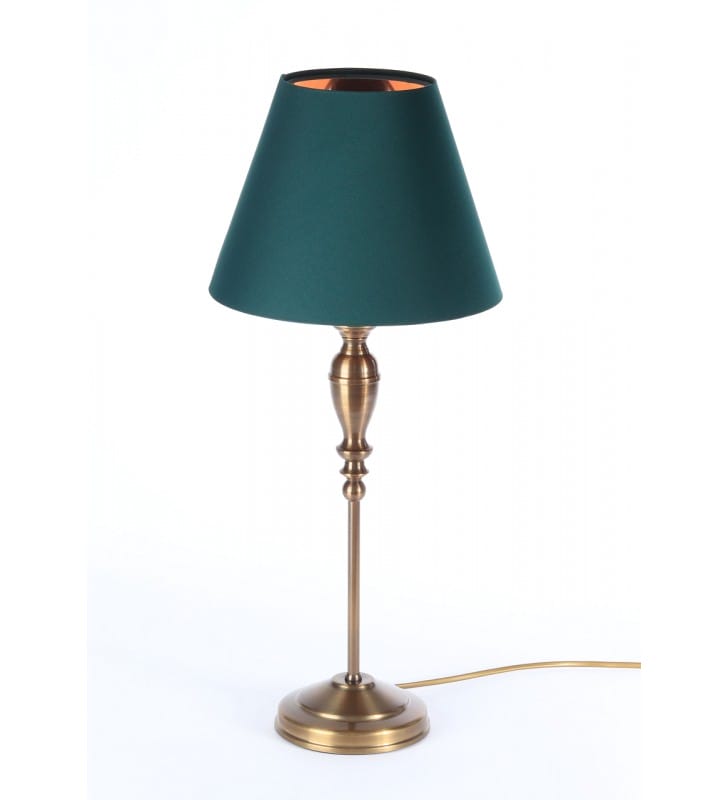 Lampa stołowa Carlton podstawa mosiężna patynowana abażur zielony satyna klasyczna stylowa