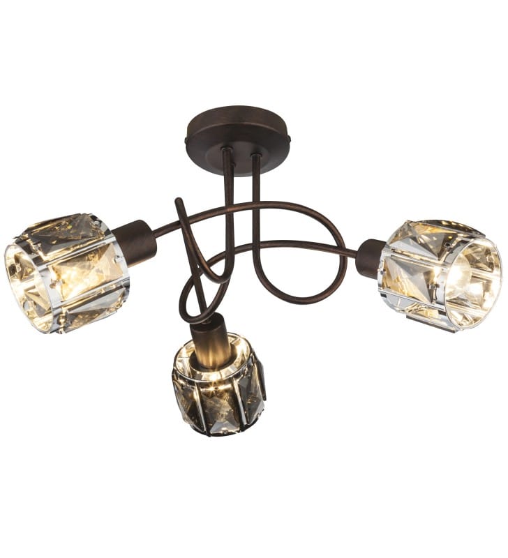 3 punktowa brązowa lampa sufitowa z zawijanymi ramionami Indiana 3 kryształowe klosze
