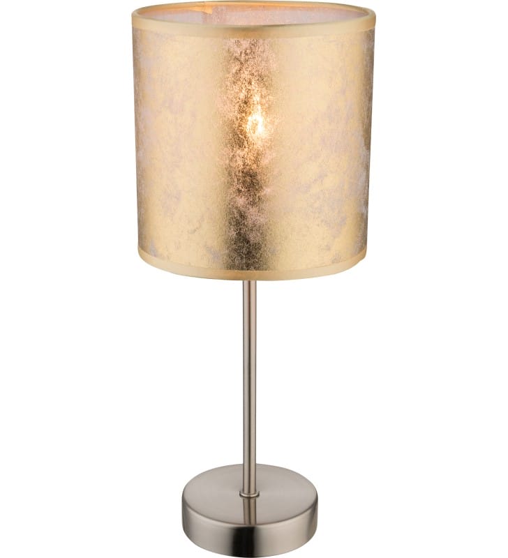 Nieduża lampka stołowa Amy złoty tekstylny abażur podstawa metalowa nikiel mat