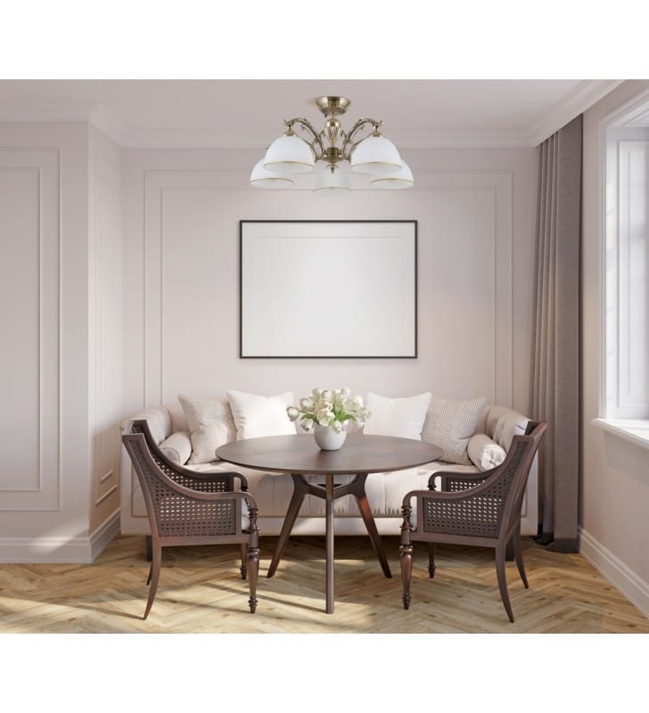 Lampa sufitowa do salonu Feneza klasyczna stylowa elegancka korpus dekoracyjny brąz antyczny białe klosze ze szkła