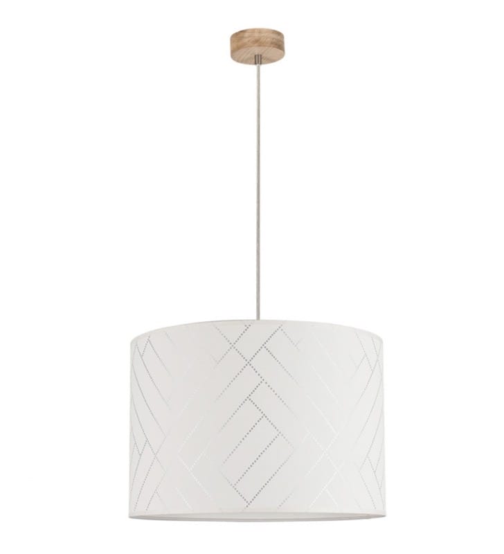 Lampa wisząca Punto biała z delikatnym wzorem abażur 40cm dębowa podsufitka do sypialni jadalni