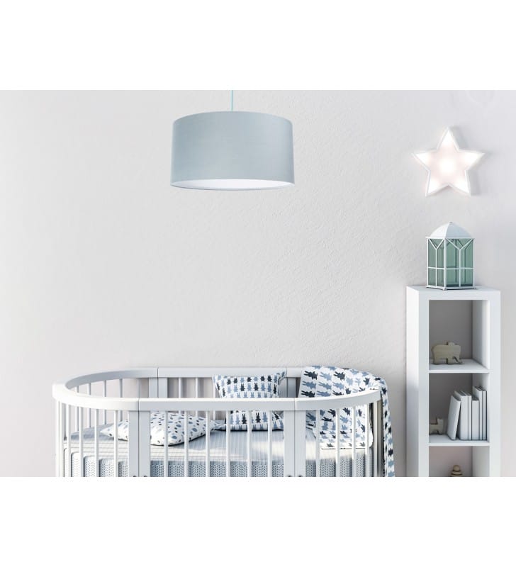 Błękitna lampa wisząca Greta abażur 40cm tkanina jaśminowa pikowana do sypialni salonu pokoju dziecka