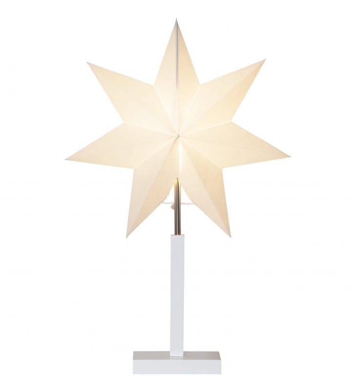 Dekoracyjna lampa bożonarodzeniowa Karo papierowa gwiazda biała drewniana podstawa na komodę okno szafkę