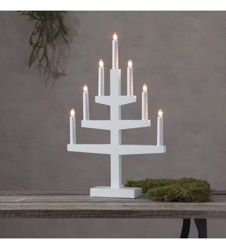 Biały świecznik 7 ramienny Trrap drewno dekoracja świąteczna i całoroczna na prąd