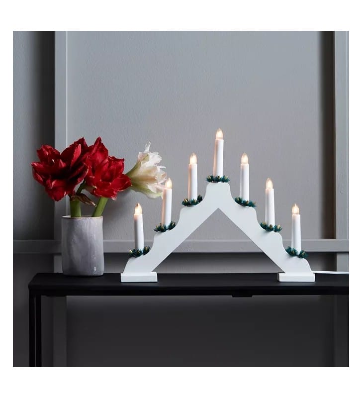 Biały 7 pkt świecznik Ola świąteczna dekoracja drewno na prąd na półkę komodę parapet okno