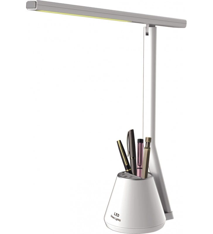 Biała lampa biurkowa z podłużnym kloszem Kiki LED pojemnik na przybory barwa światła 3000-6000K